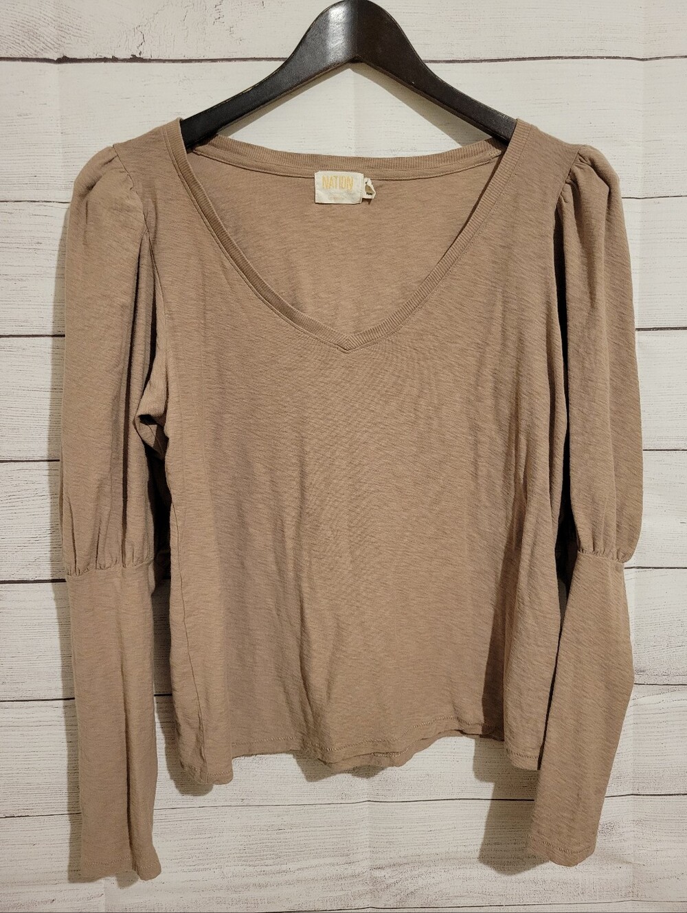 Nation Emilia Drama Sleeve V-Neck Top Brown Size Large